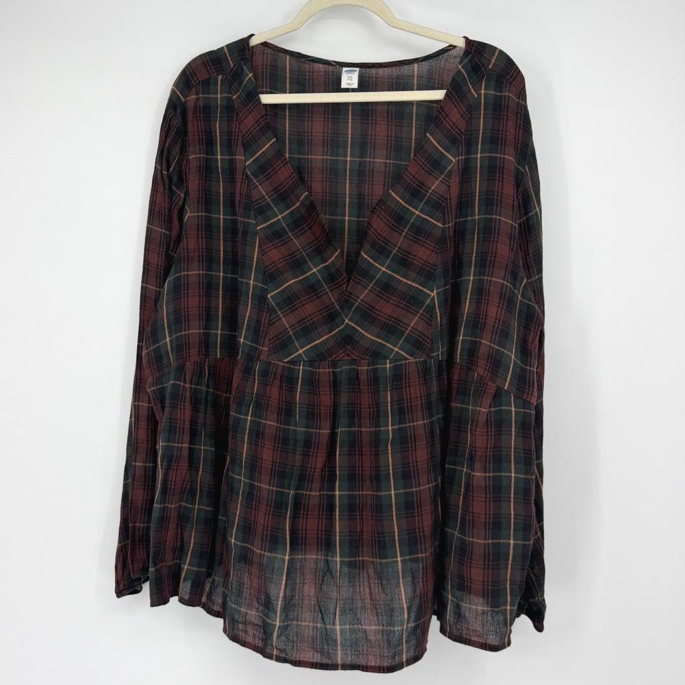 Old Navy Womens XXL Red Green Plaid V-Neck Long Sleeve Peplum Babydoll Top